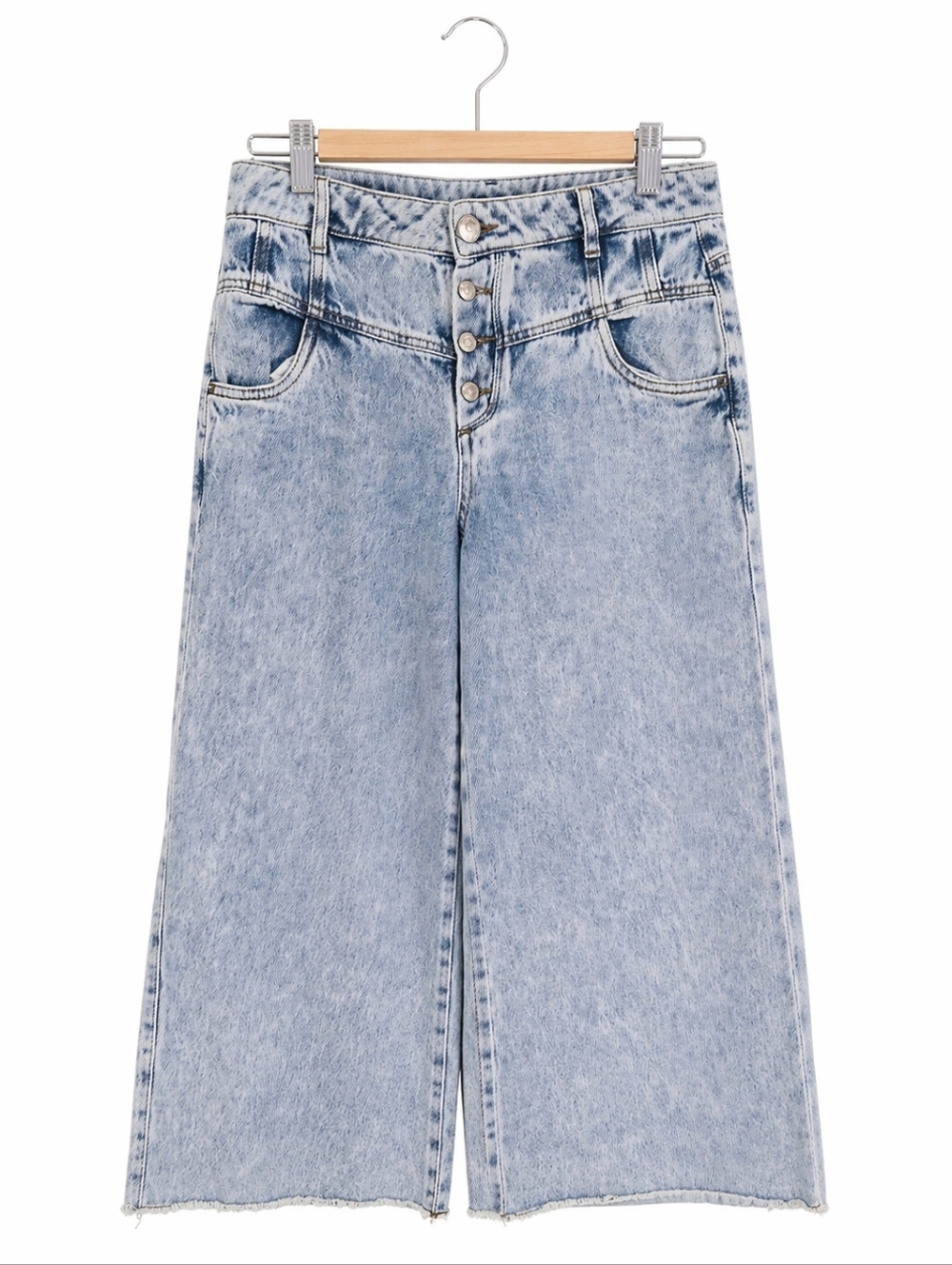 Studio F Acid Wash Wide Leg Culotte Jeans High Rise Raw Hem Blue Size 6